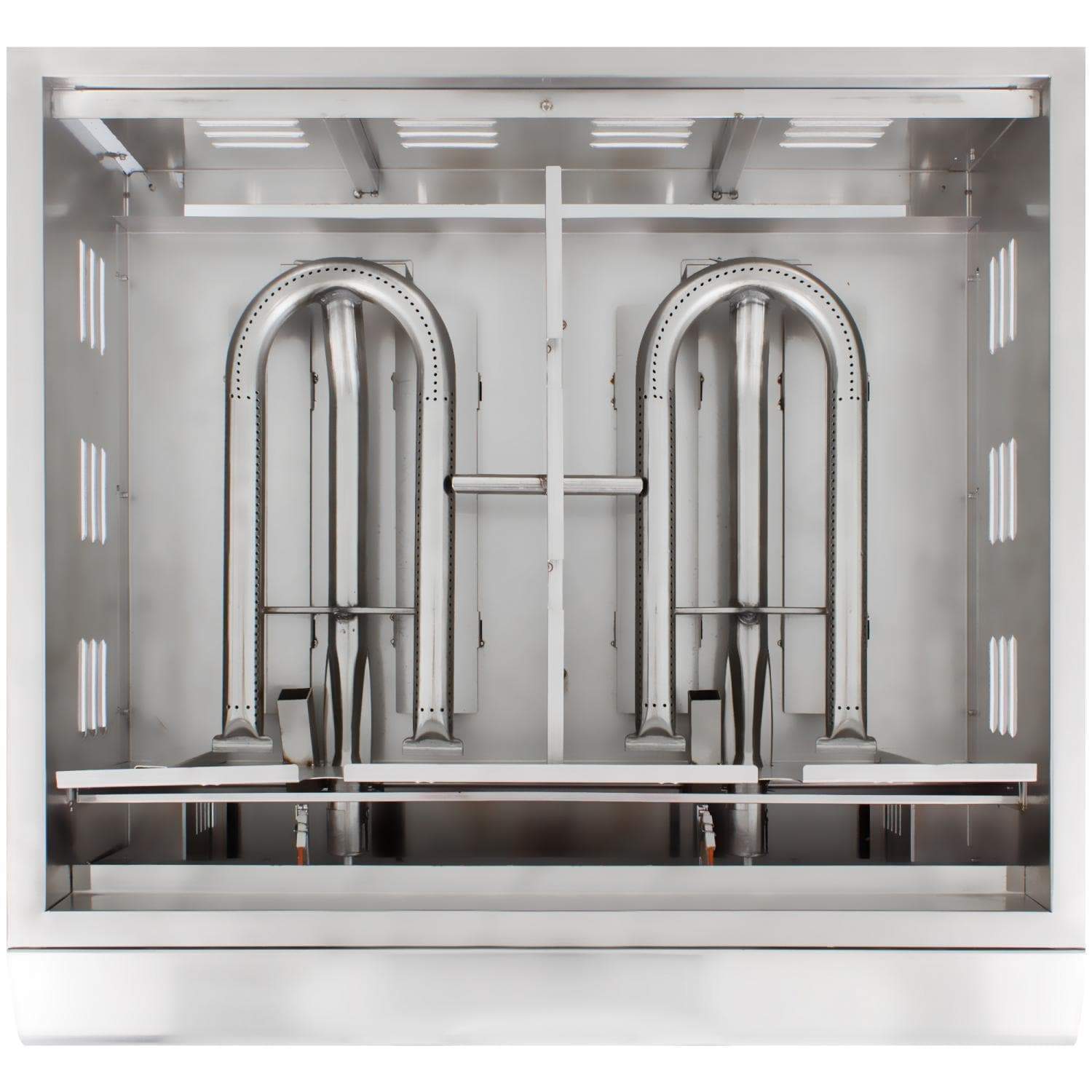 Open stainless steel grill firebox with two burner tubes and arched supports