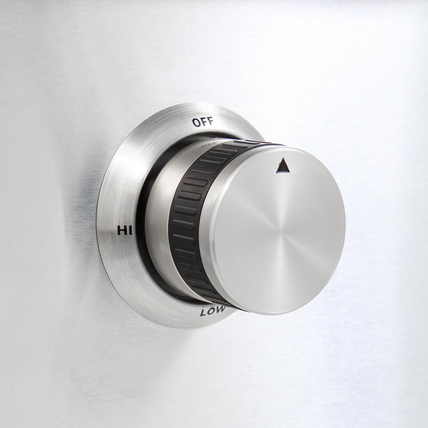 Stainless steel temperature knob marked OFF, HI, and LOW