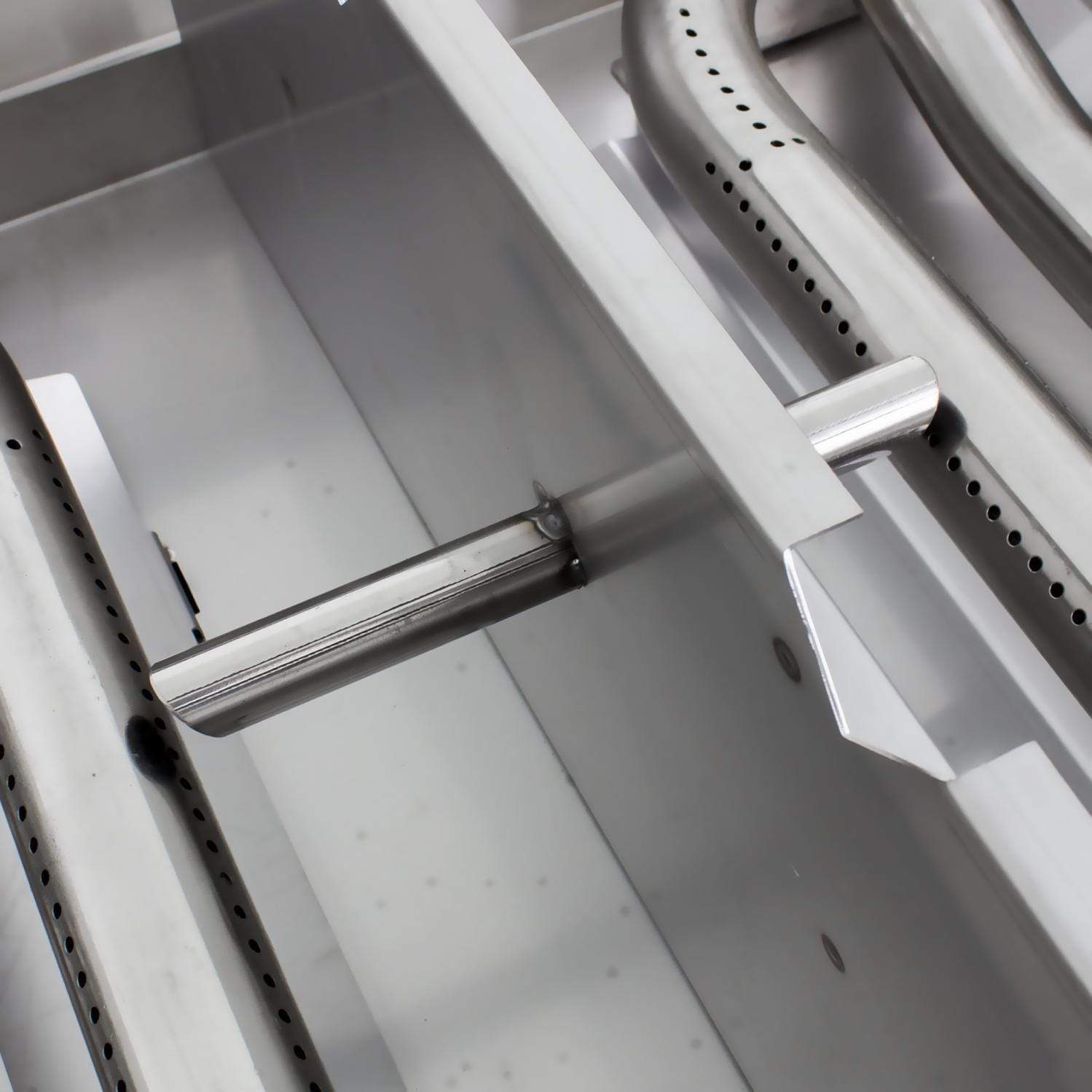 Stainless steel grill burner tube and heat shield with vent holes and rods