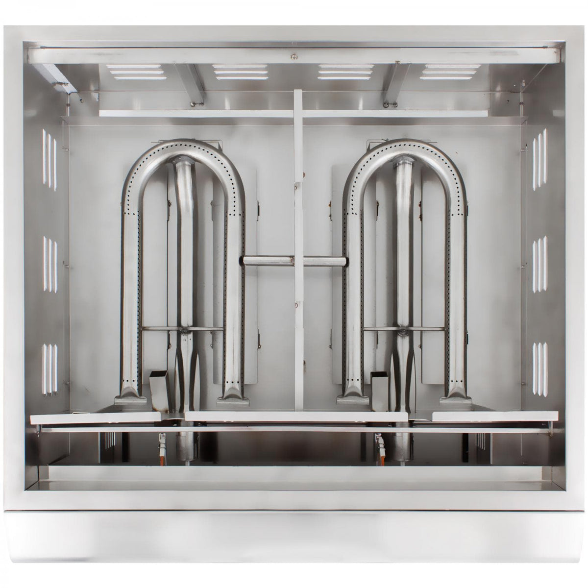 Freestanding propane griddle with two stainless burners inside open body