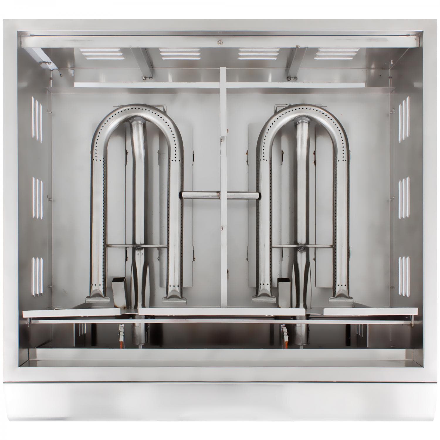 30-inch freestanding natural gas griddle front view with dual burner arches, stainless steel