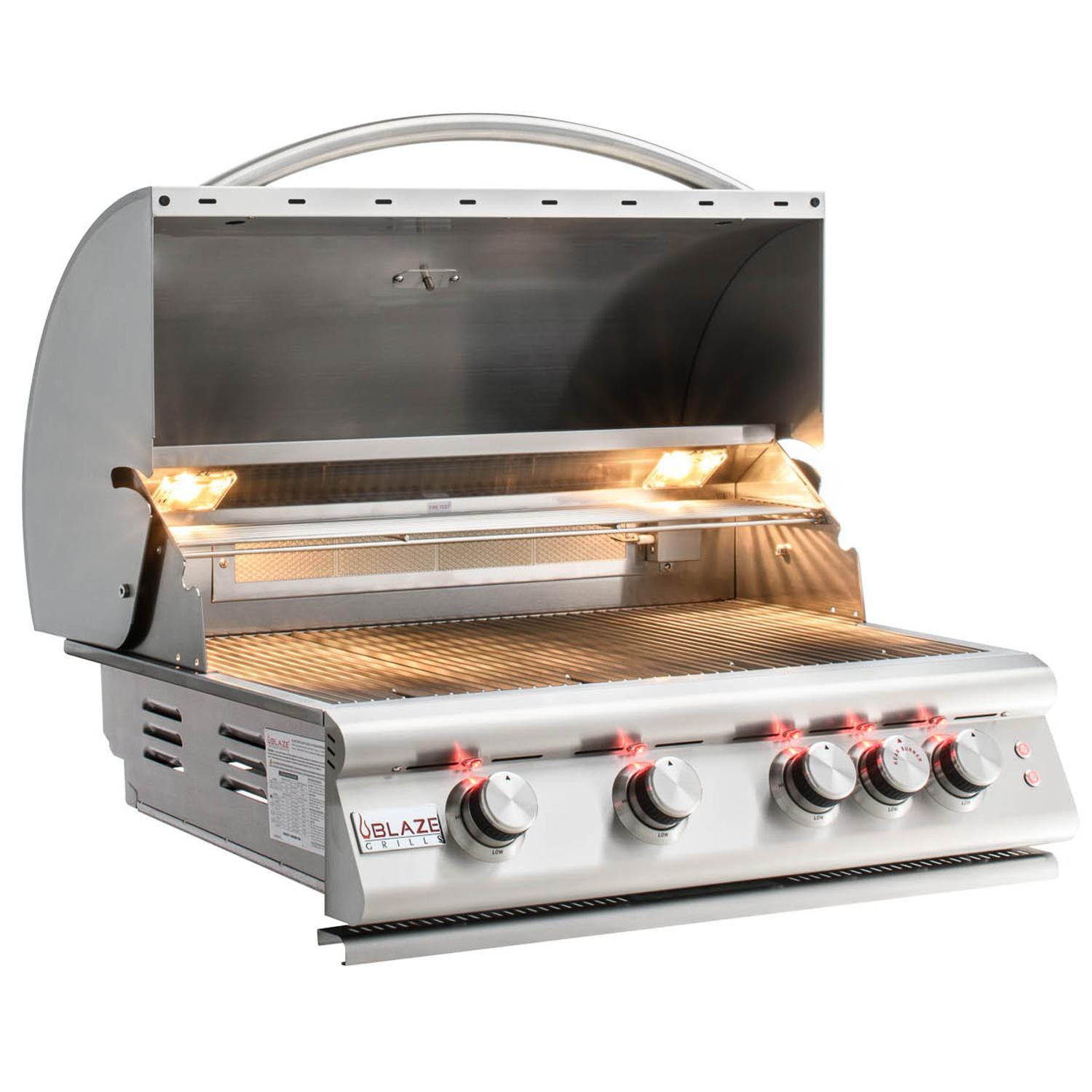 Built-in liquid propane grill with open hood, stainless burners, and control knobs