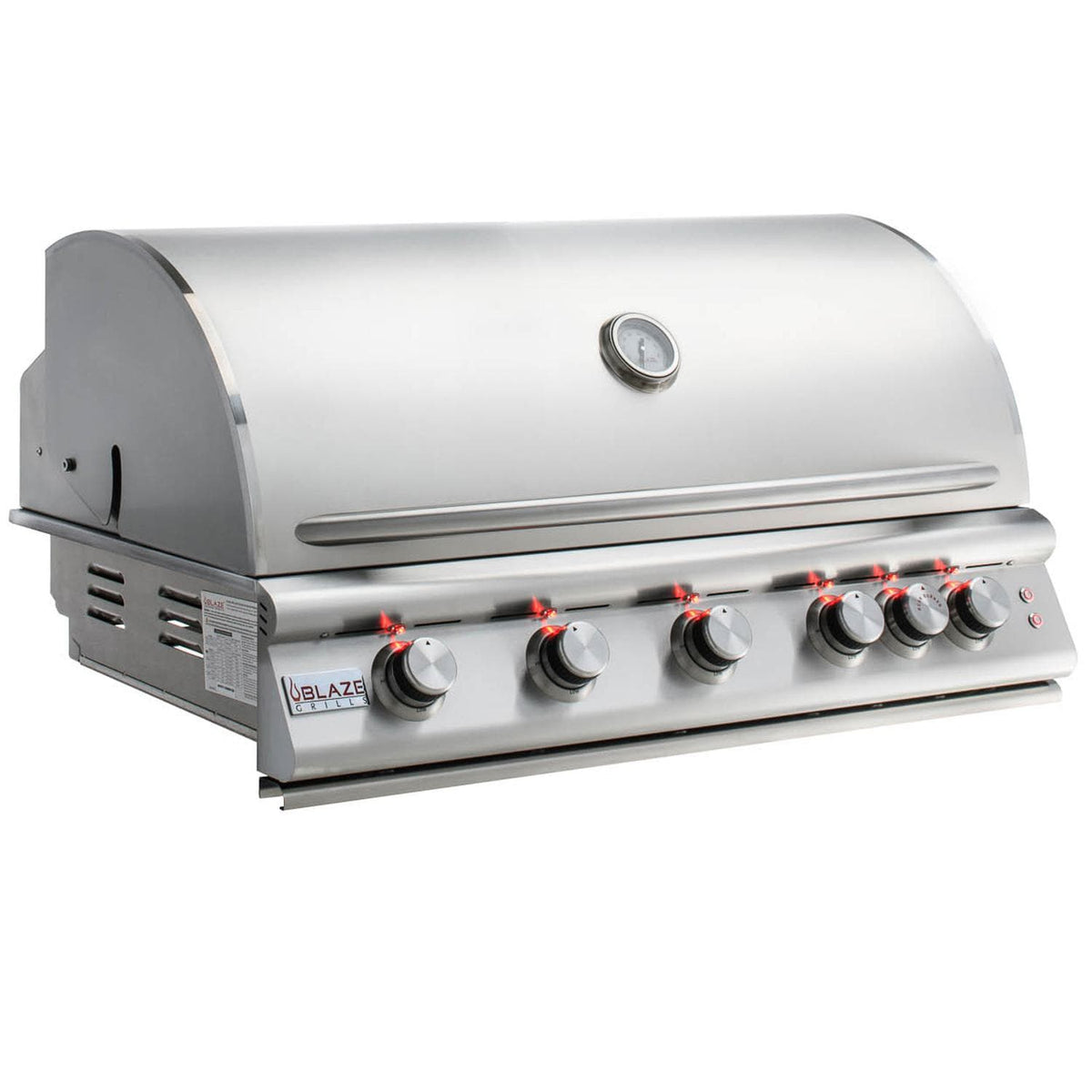 Stainless steel built-in propane grill with closed lid and front burner knobs