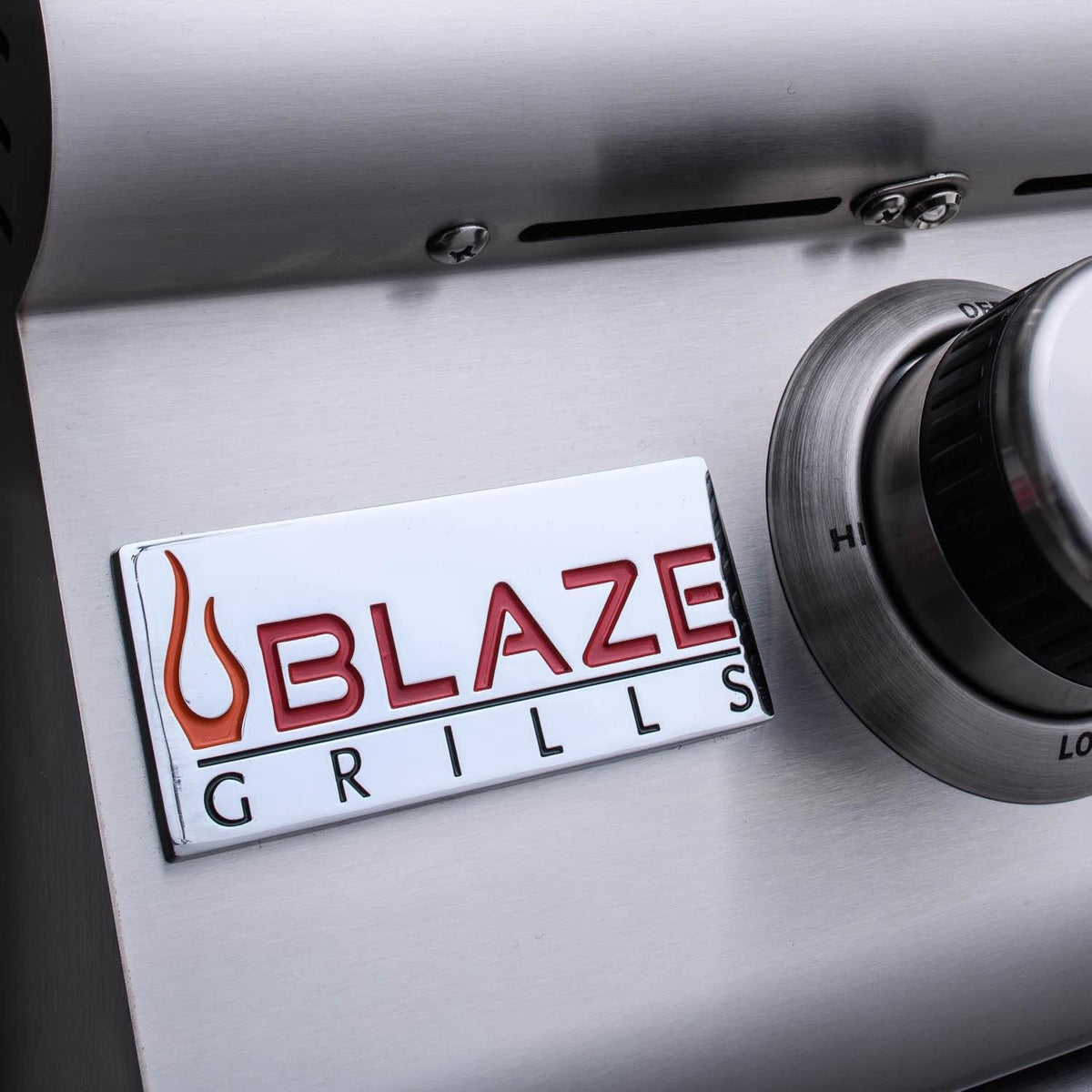 Blaze Grills label on control panel beside burner control knob