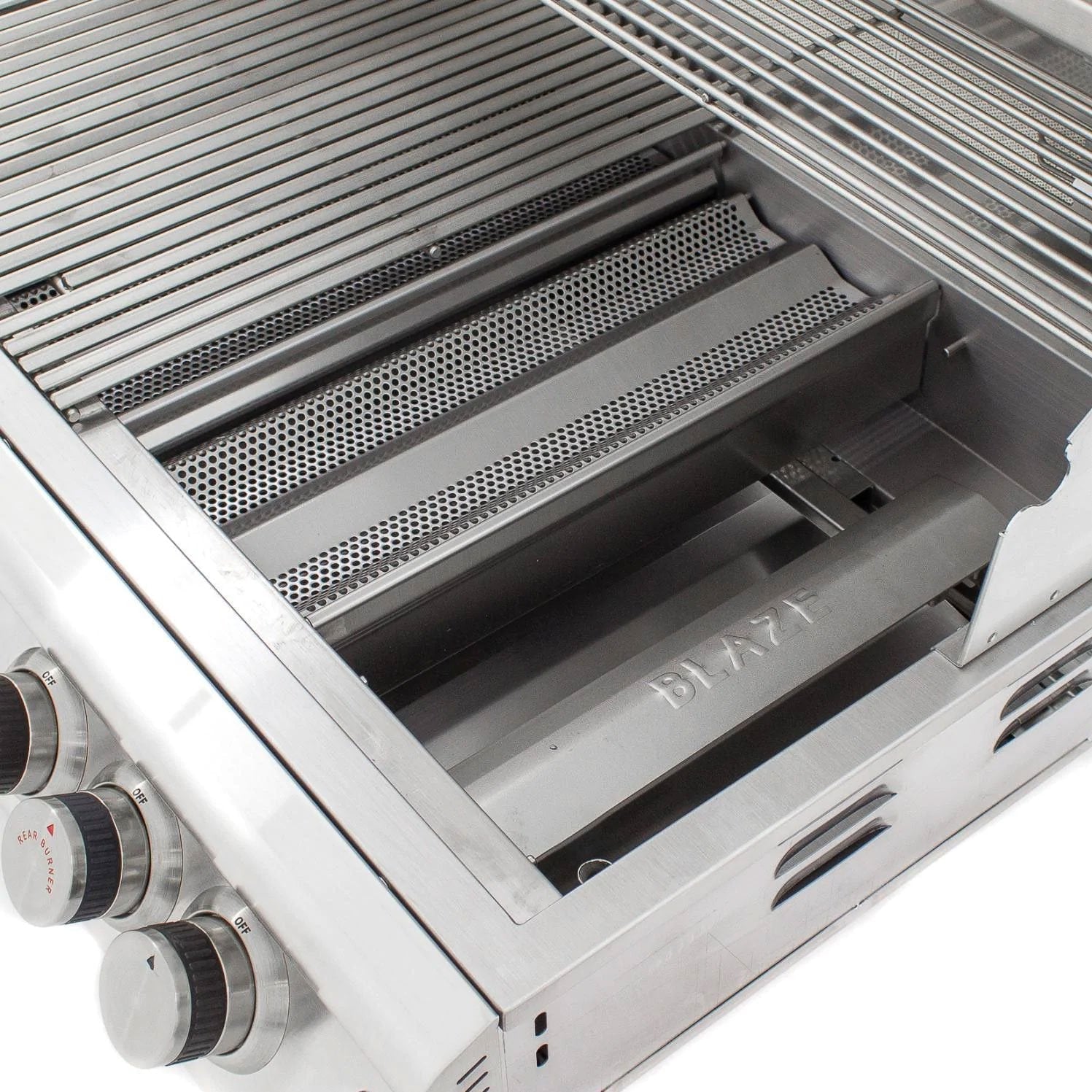 Open grill firebox with stainless steel heat plates and cooking grates
