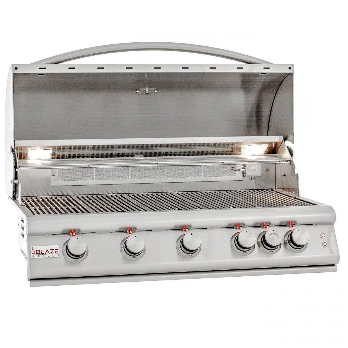 Stainless steel built-in gas grill with lid open and burner control knobs