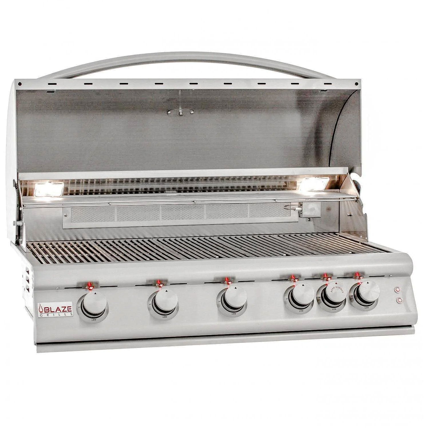 Open stainless steel natural gas grill with burners exposed and control knobs