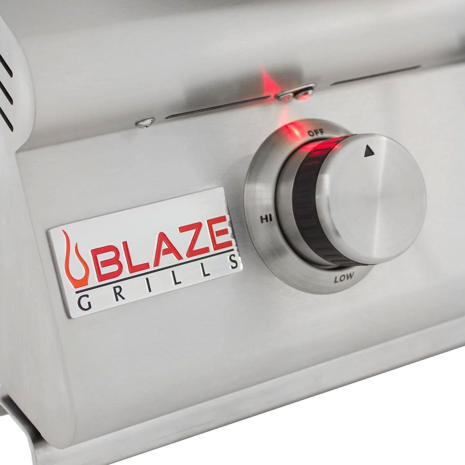 Stainless steel front panel with Blaze Grills logo and illuminated control knob