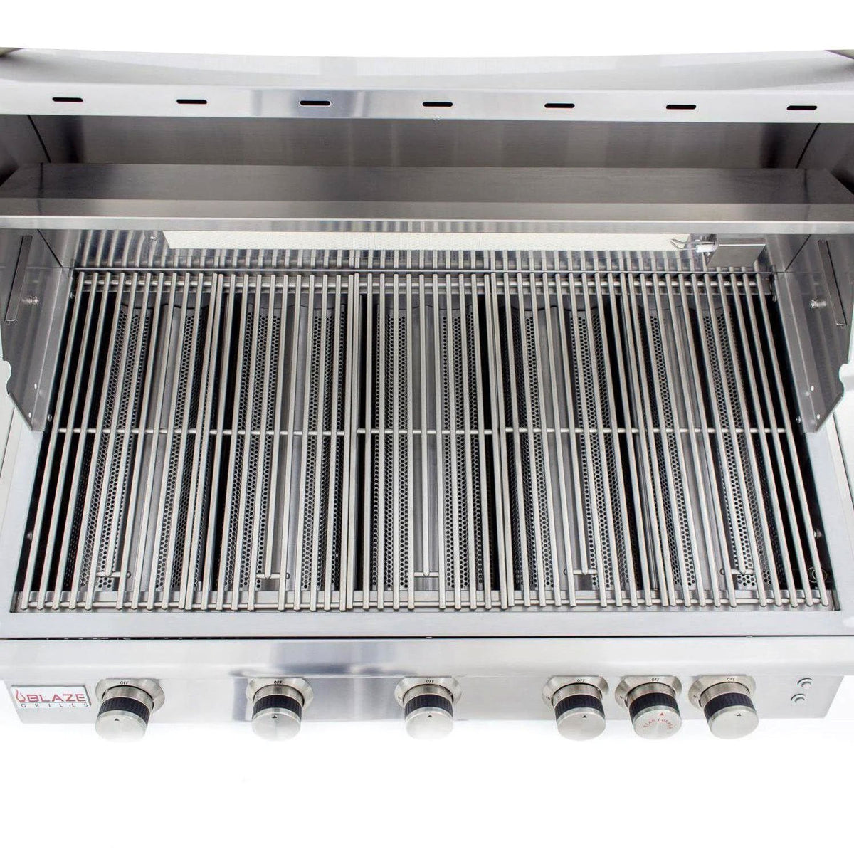 Stainless steel grill burner tubes and grate system inside open chamber