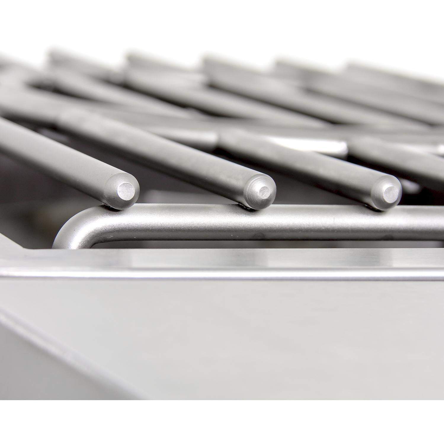 Close-up of stainless steel burner tubes and crossbar frame