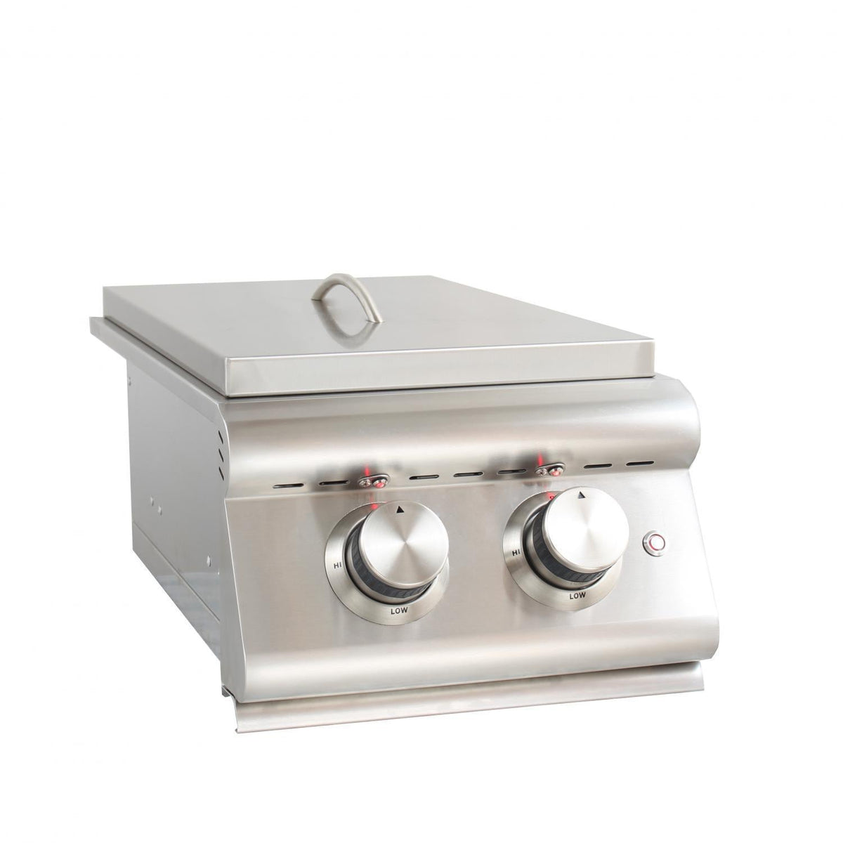 Stainless steel gas grill side burner control panel with two large knobs and lid