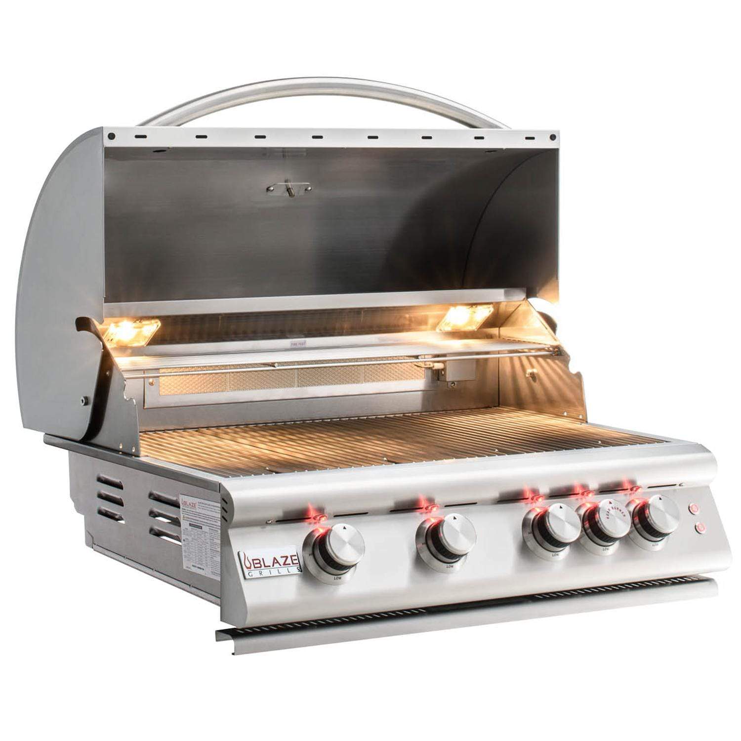 Built-in stainless propane grill with lid open and glowing burners, control knobs