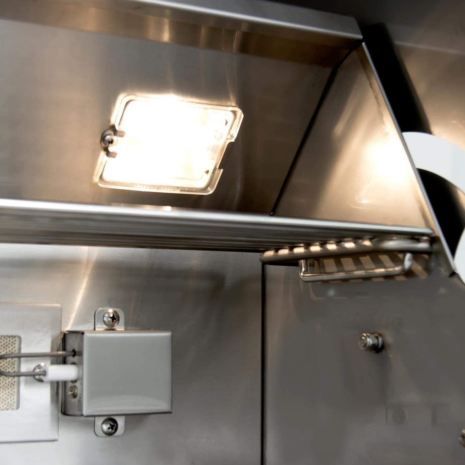 Stainless steel grill firebox with side light and mounted metal side shelf