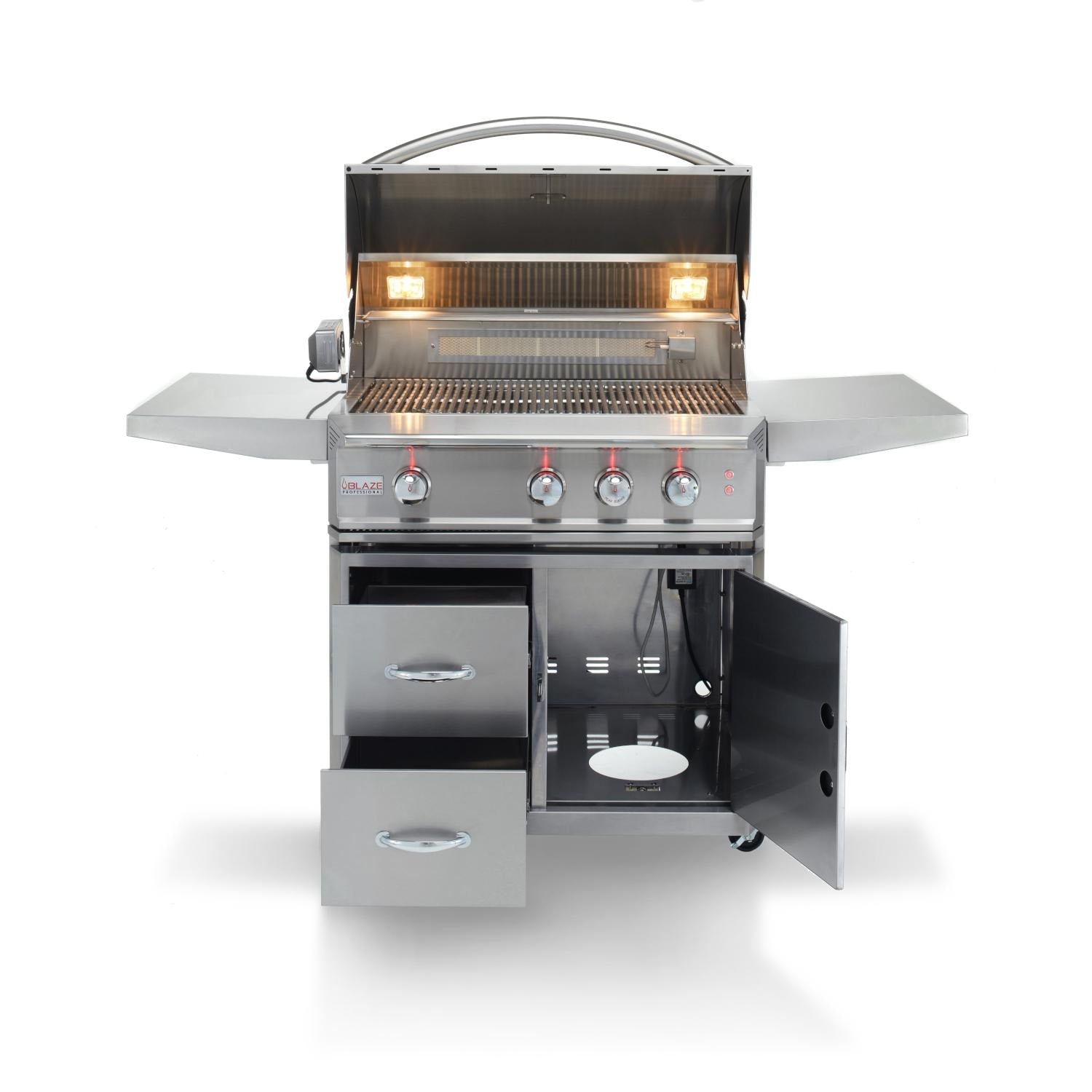 3-burner propane gas grill with open lid, control knobs, and side shelves
