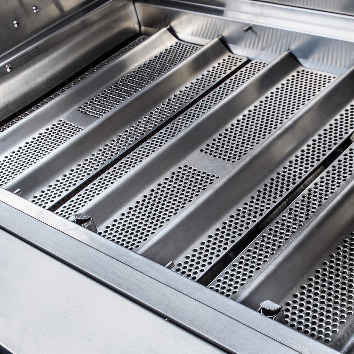 Gas grill cooking grates with perforated heat diffuser bars