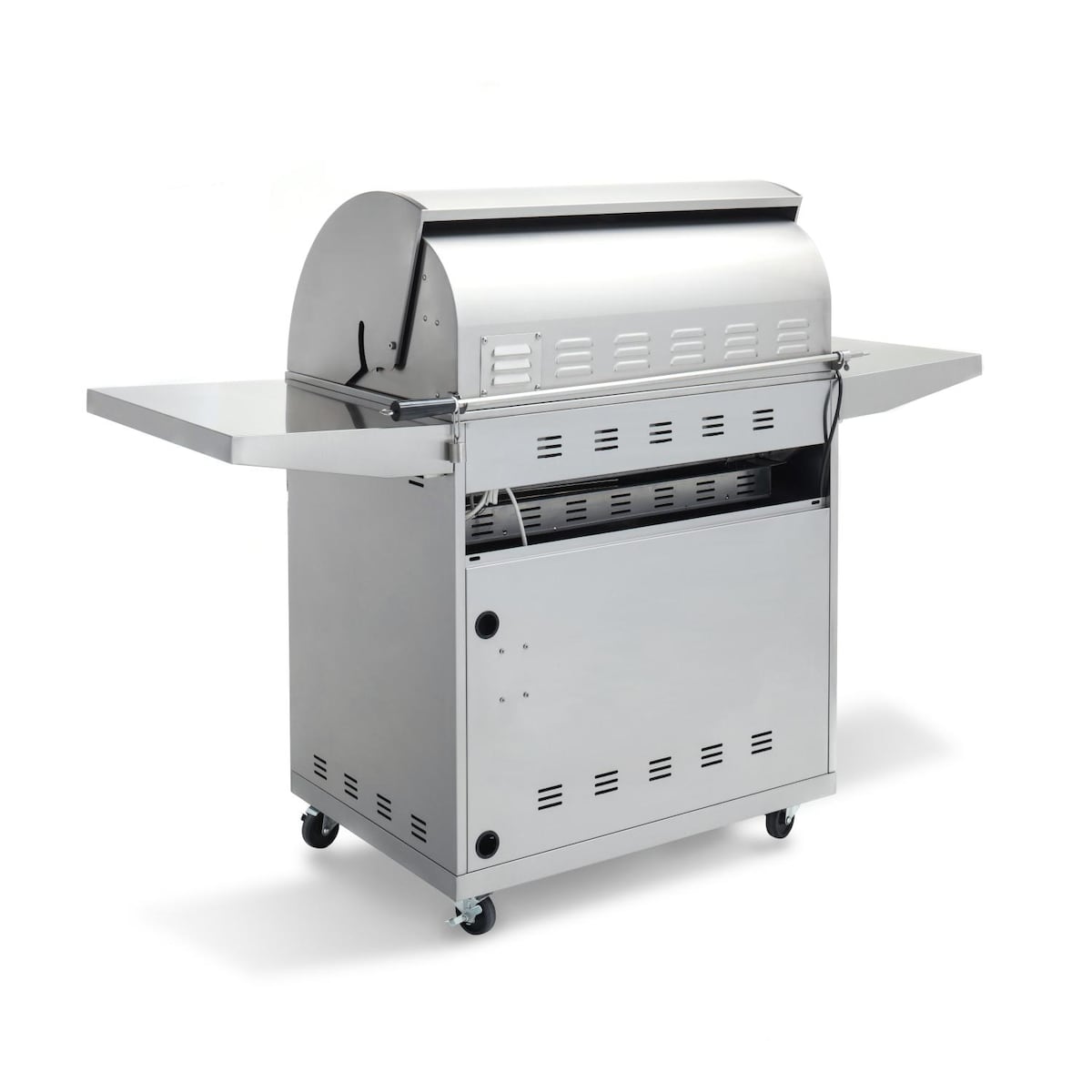 Stainless steel freestanding 3-burner gas grill with side shelves and caster wheels