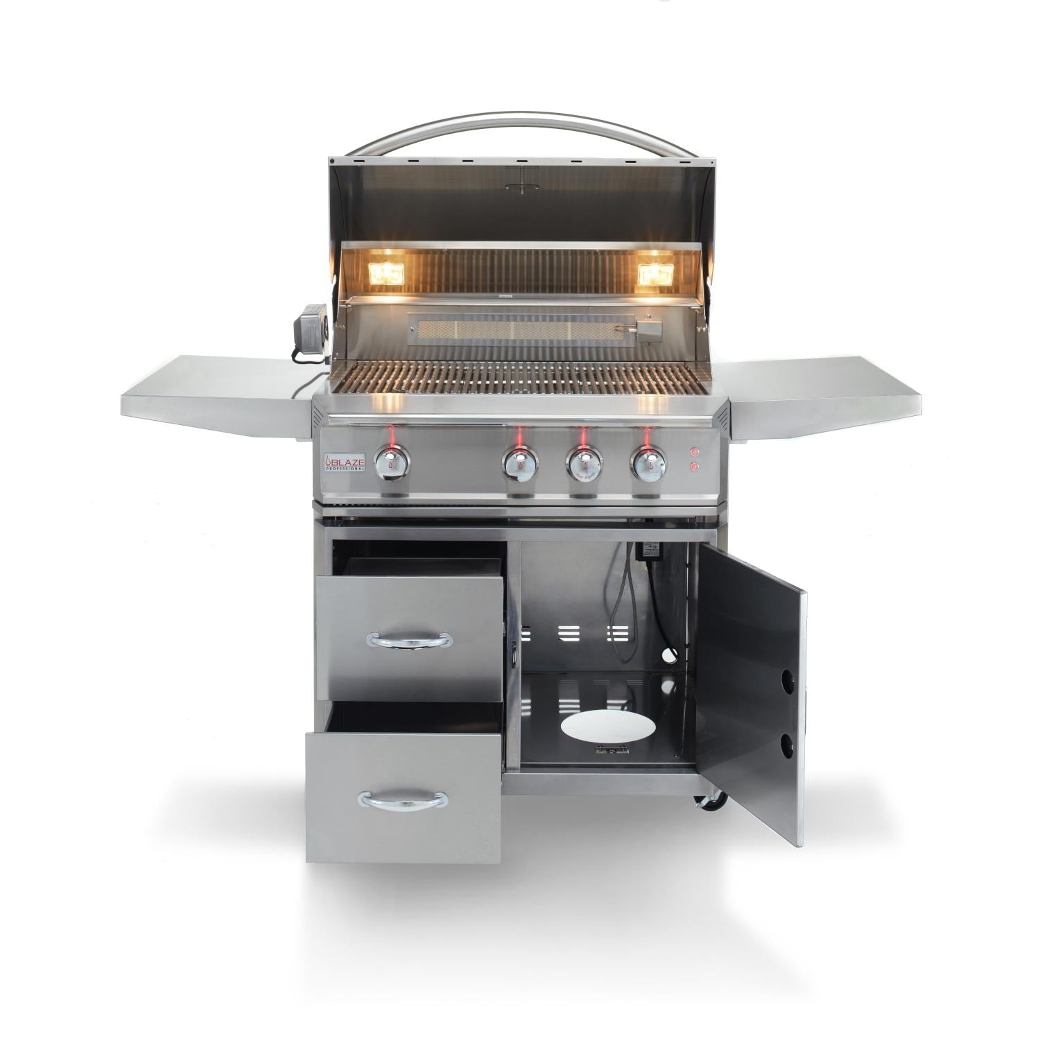 Stainless steel freestanding gas grill with lid open and cabinet storage doors