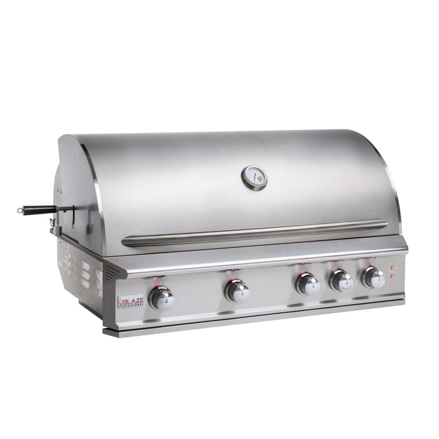 Stainless steel gas grill with closed lid and four front control knobs