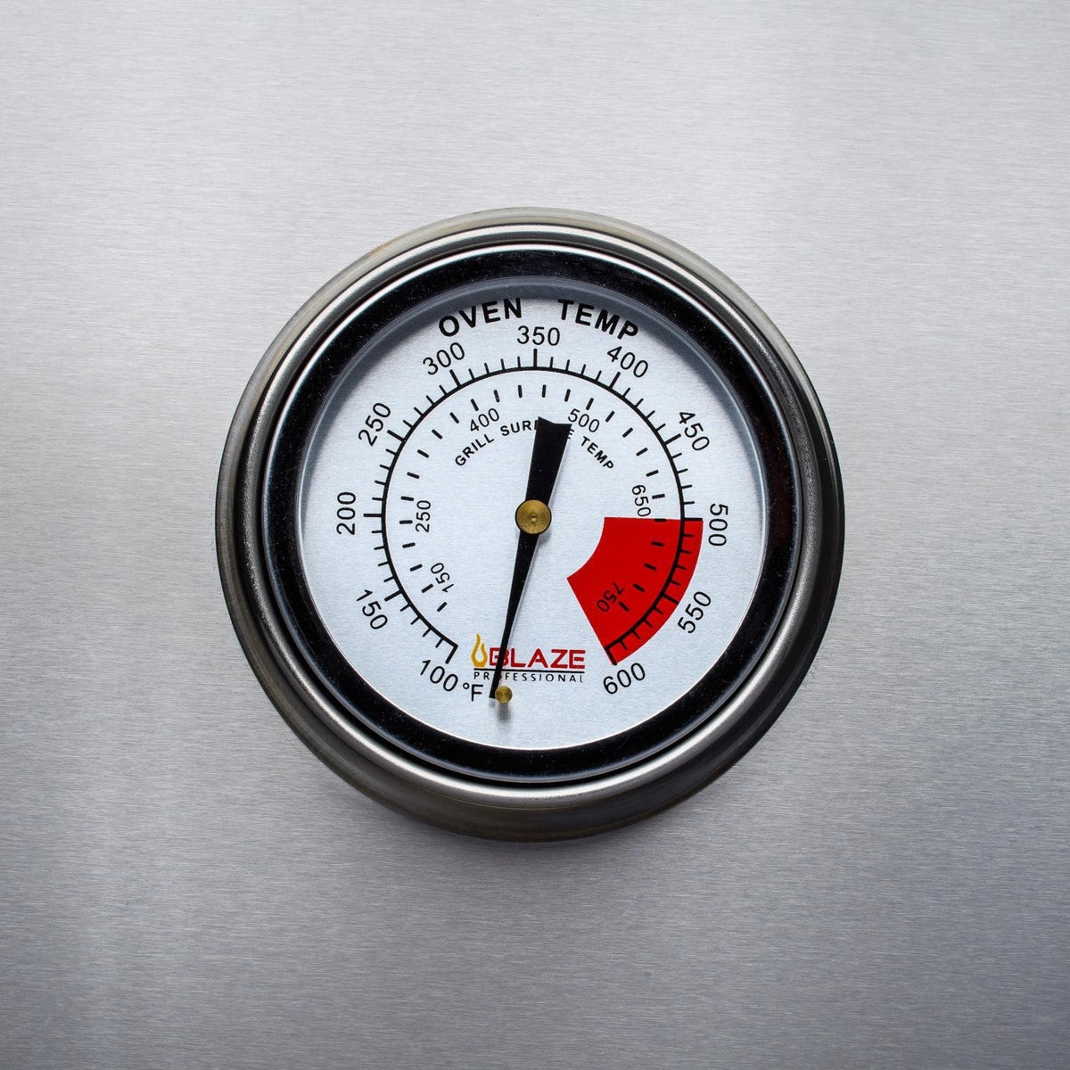 Round oven temperature gauge with Fahrenheit markings on stainless grill