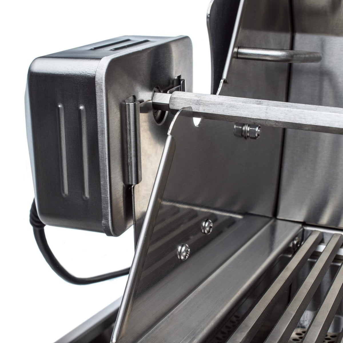 Stainless steel grill side panel with mounted handle and open hood