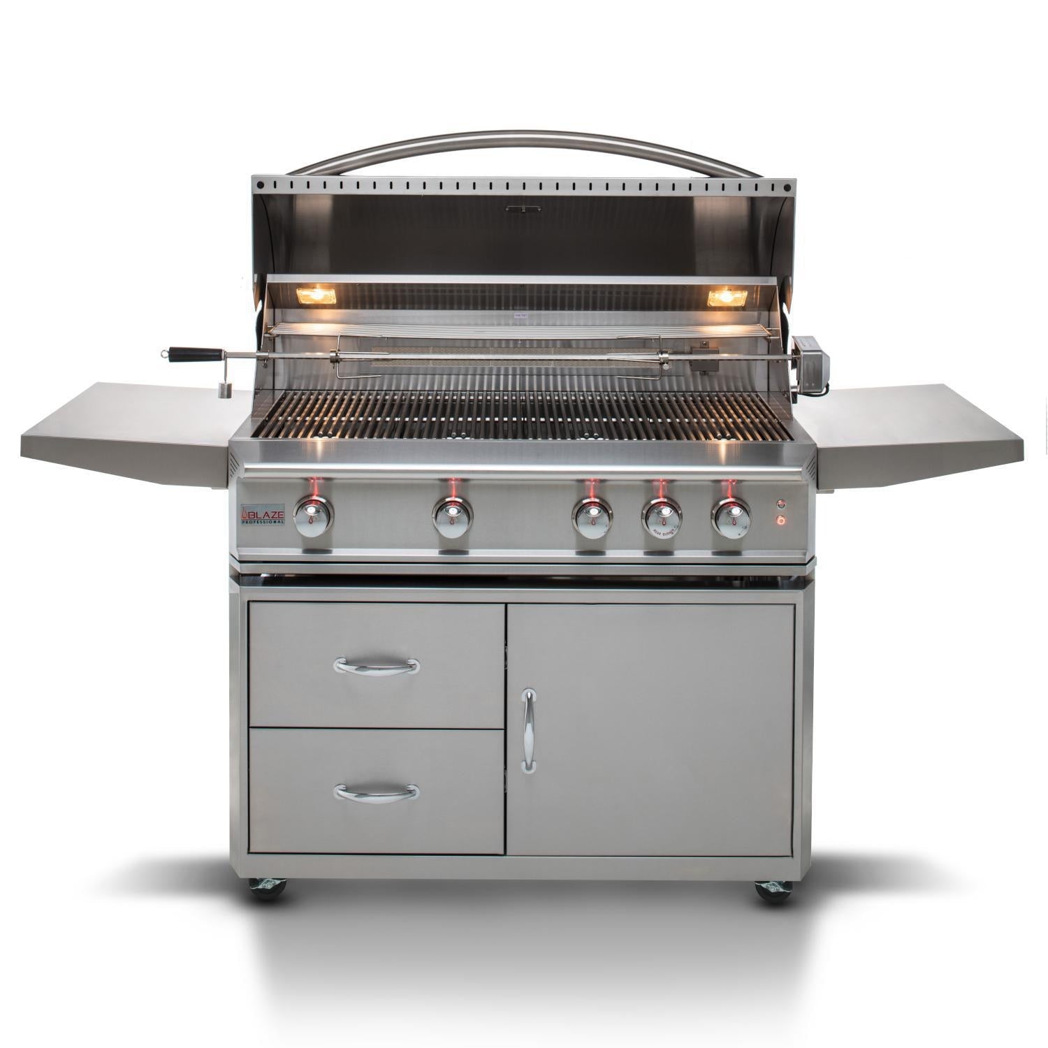 Stainless steel 4-burner propane grill with four control knobs and side shelves