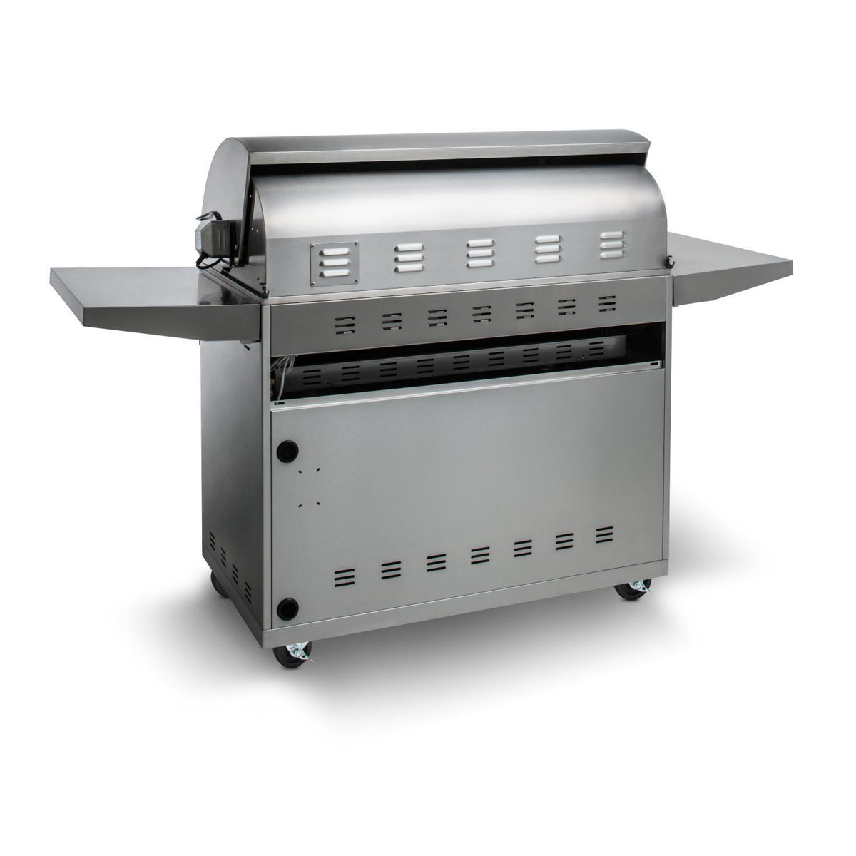 Stainless steel 4-burner freestanding gas grill with side shelves and closed lid