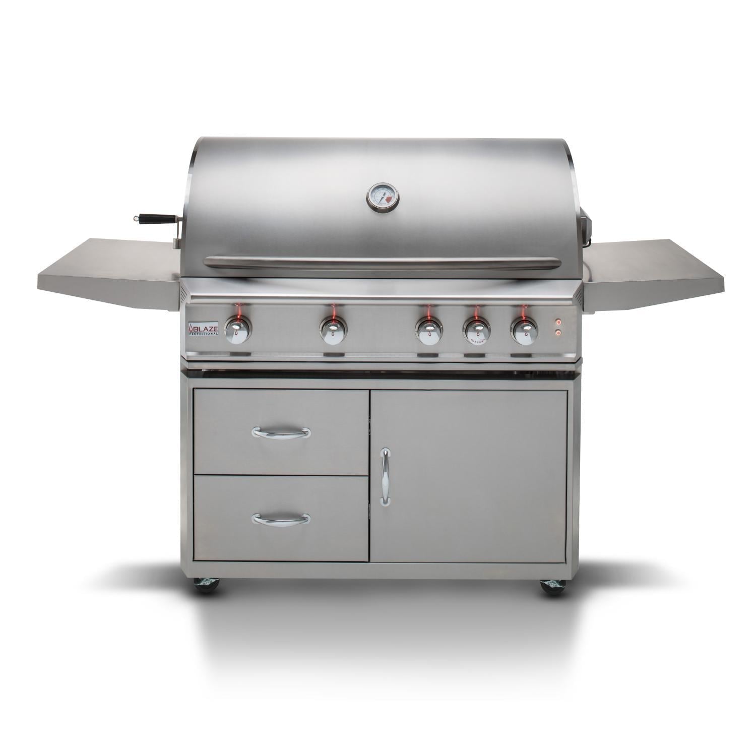 Stainless steel 4-burner freestanding natural gas grill with two doors and side shelves