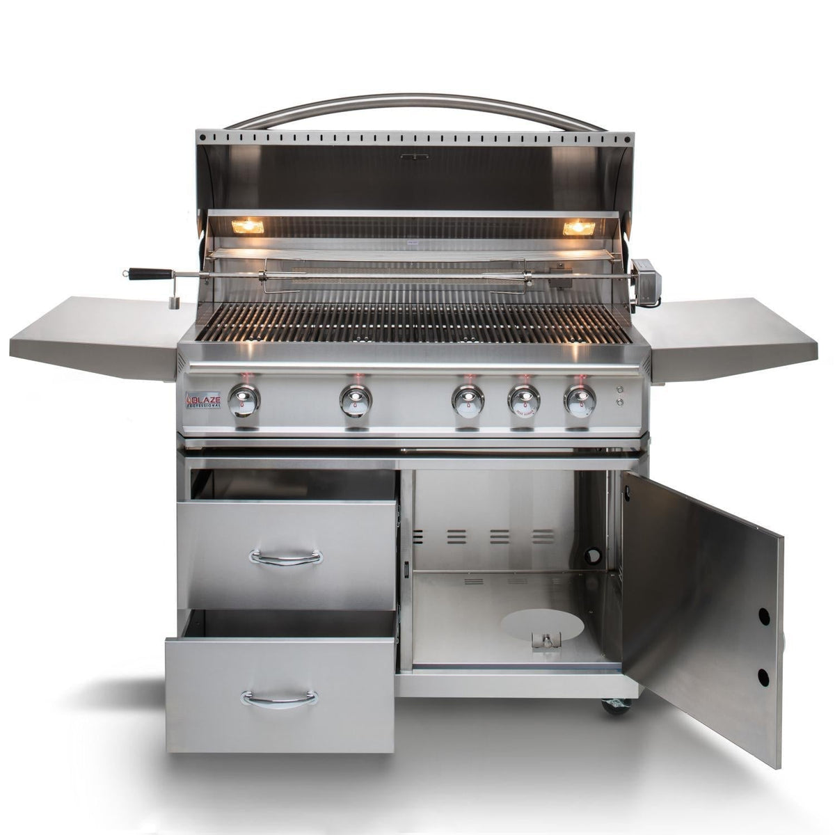 Stainless steel 4-burner freestanding gas grill with open lid and warming rack