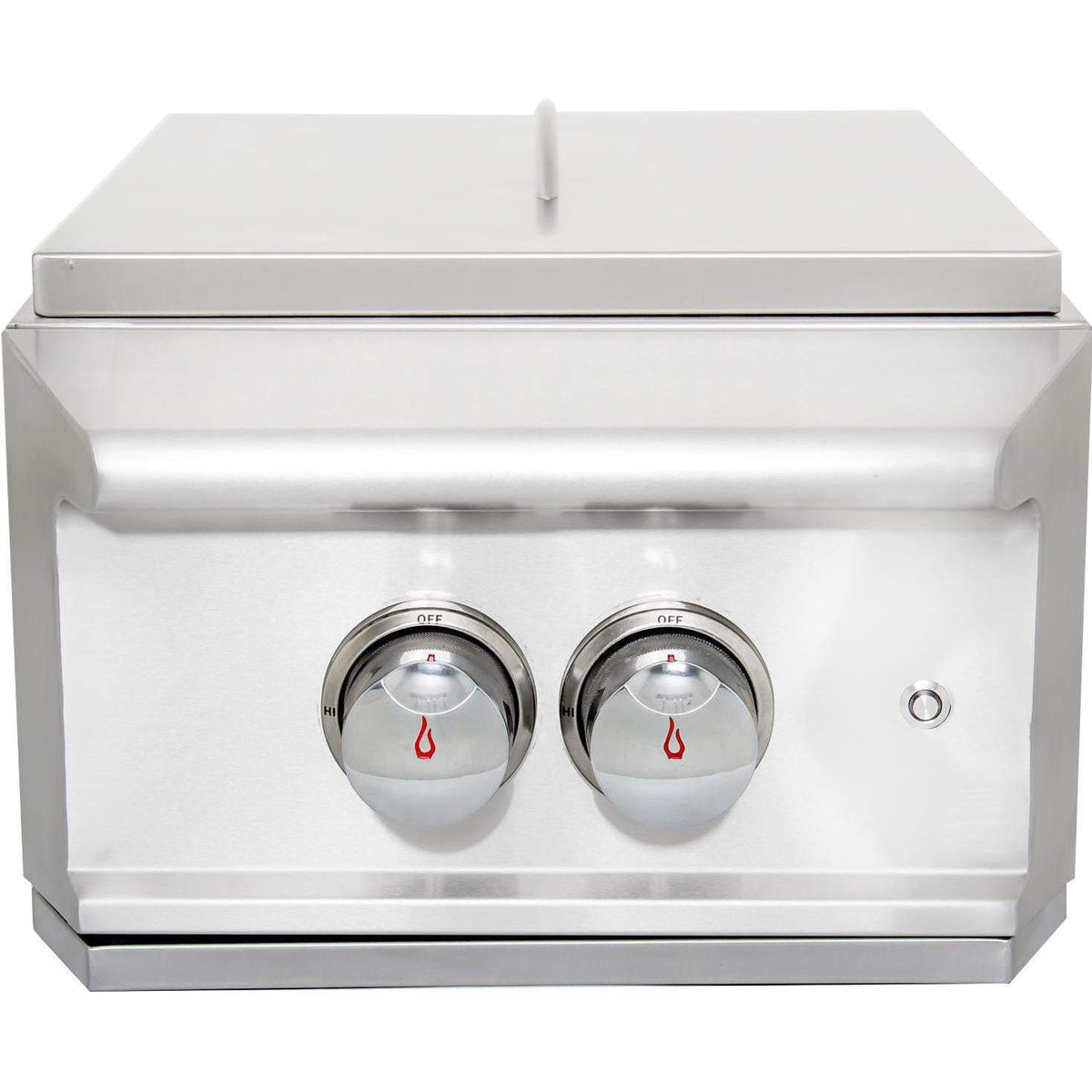 Stainless steel gas grill with lid closed, two front burner control knobs