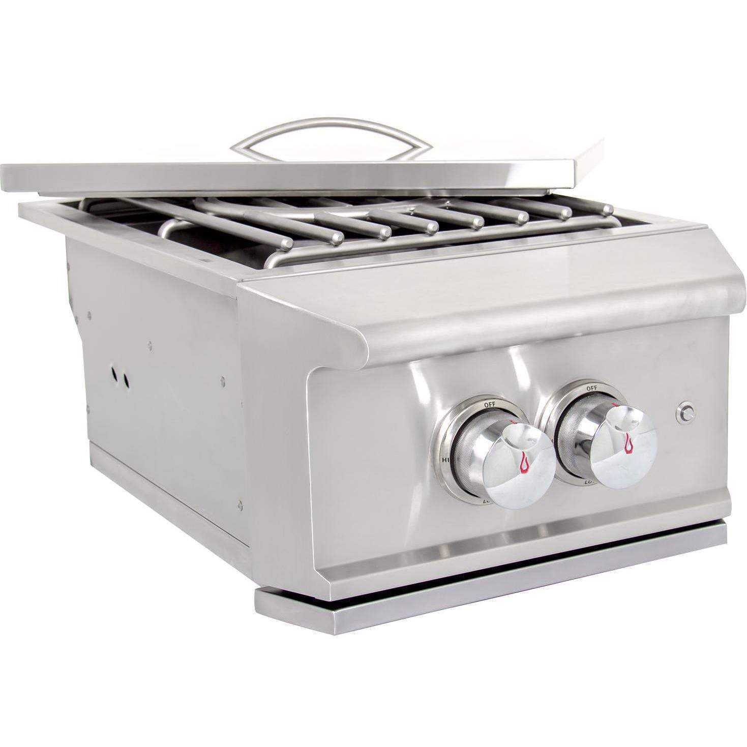 Stainless steel grill with open lid, tube burners, and front control knobs