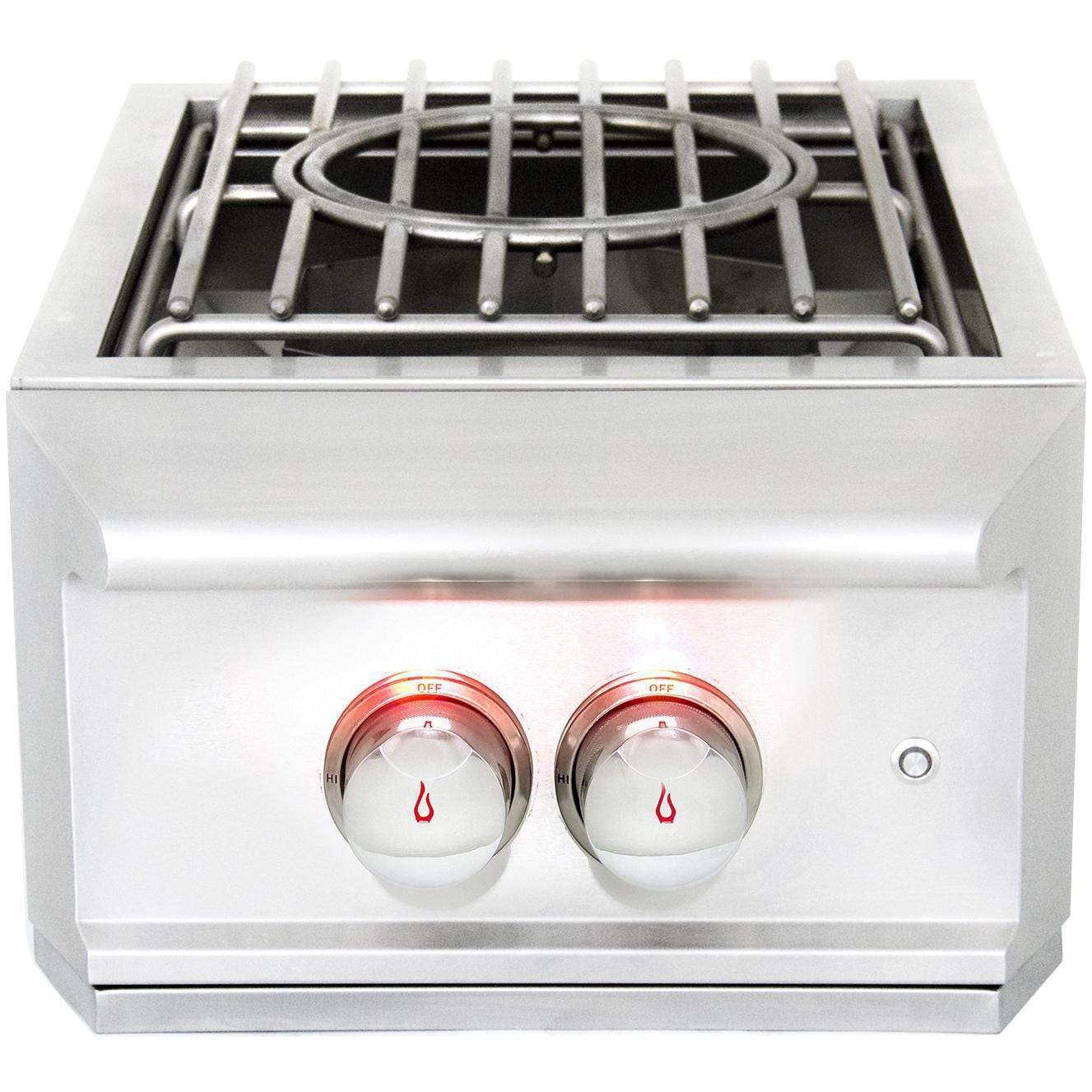 Stainless steel gas grill side burner with circular grate and two control knobs