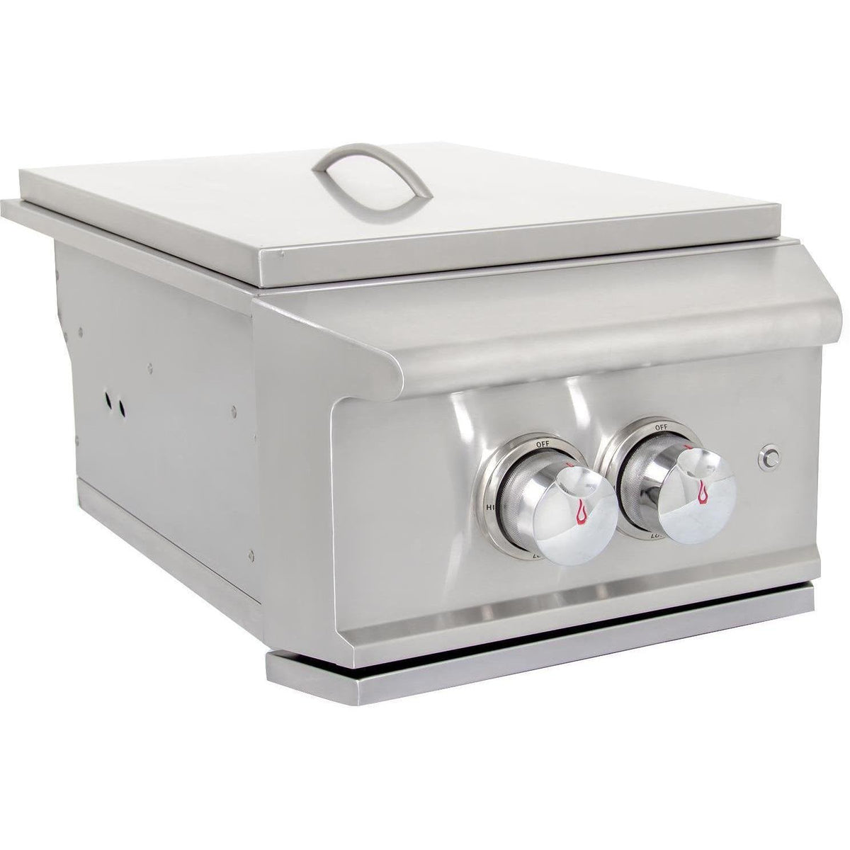 Stainless steel gas grill with lid closed and two front control knobs