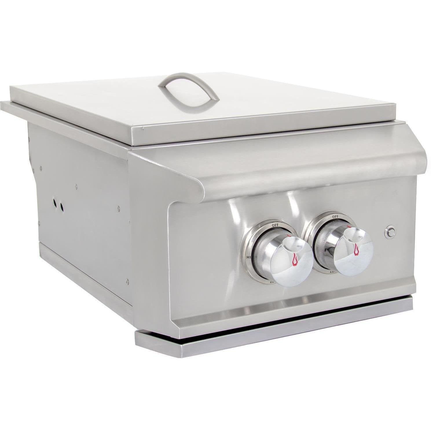 Stainless steel built-in propane grill with lid and front control knobs