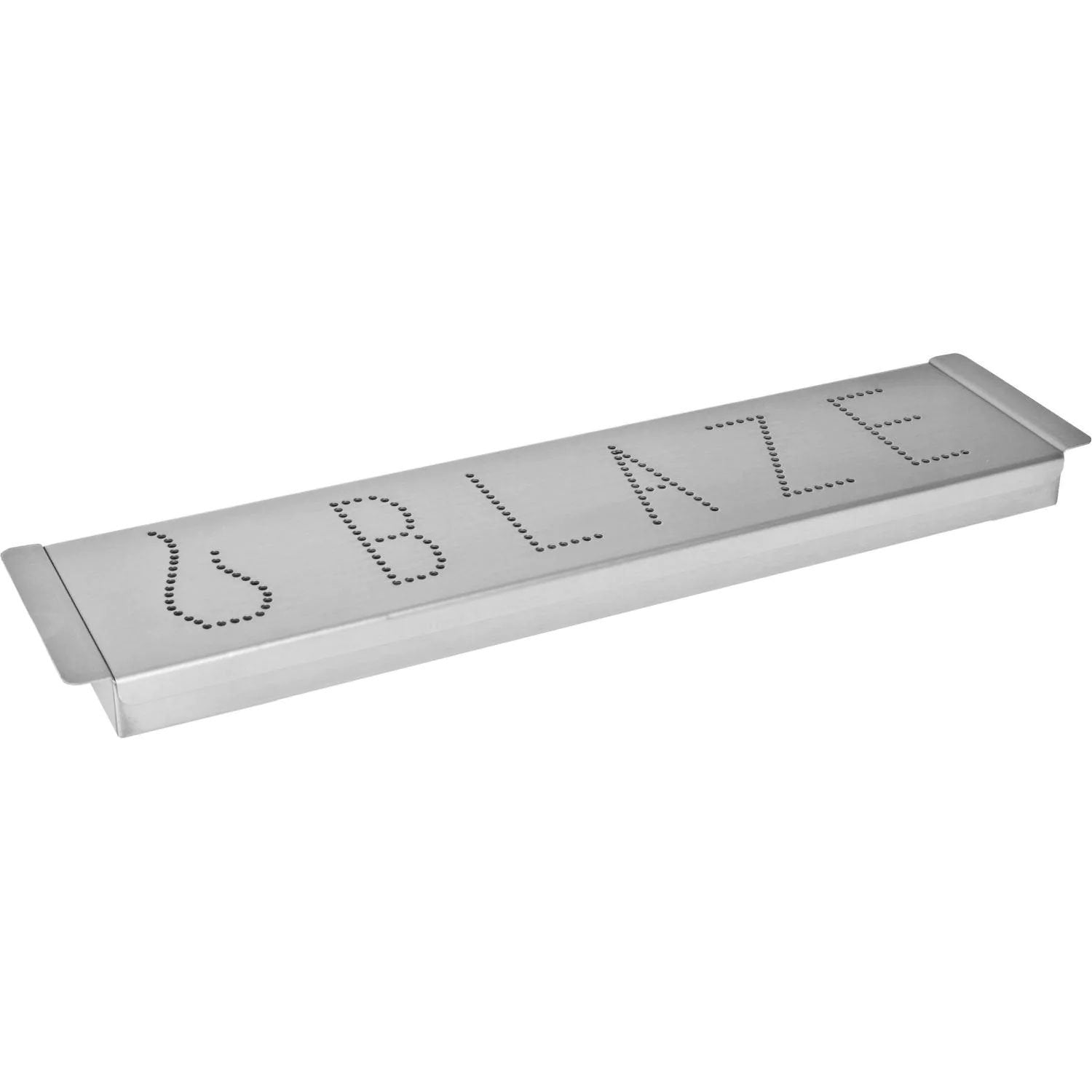 Stainless steel smoker box with perforated dotted letters on lid