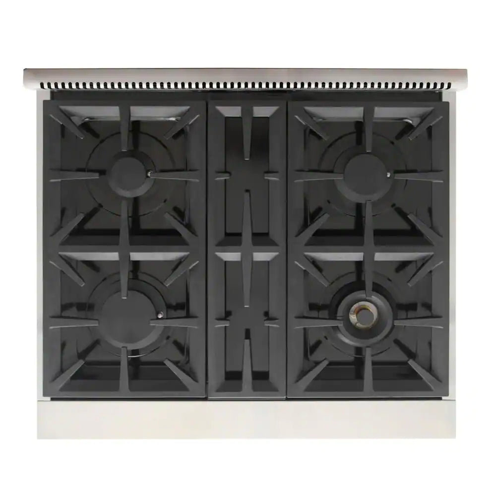 Black cast-iron style grates with four gas burners on stainless cooktop