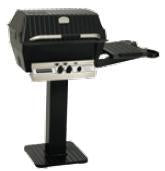 Black patio grill on pedestal post with side shelf and control panel