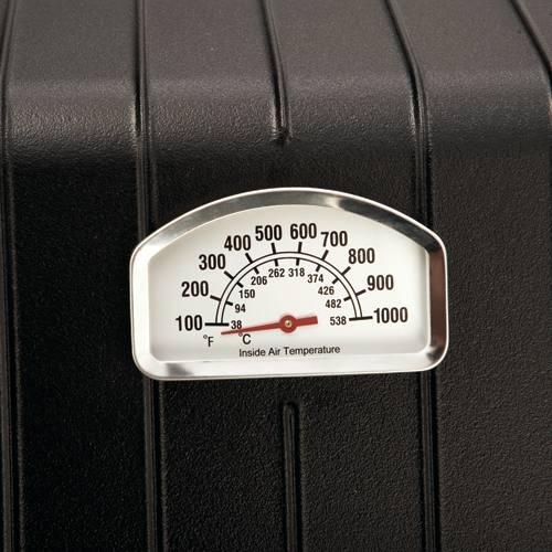 Black grill control panel with thermometer dial and temperature scale
