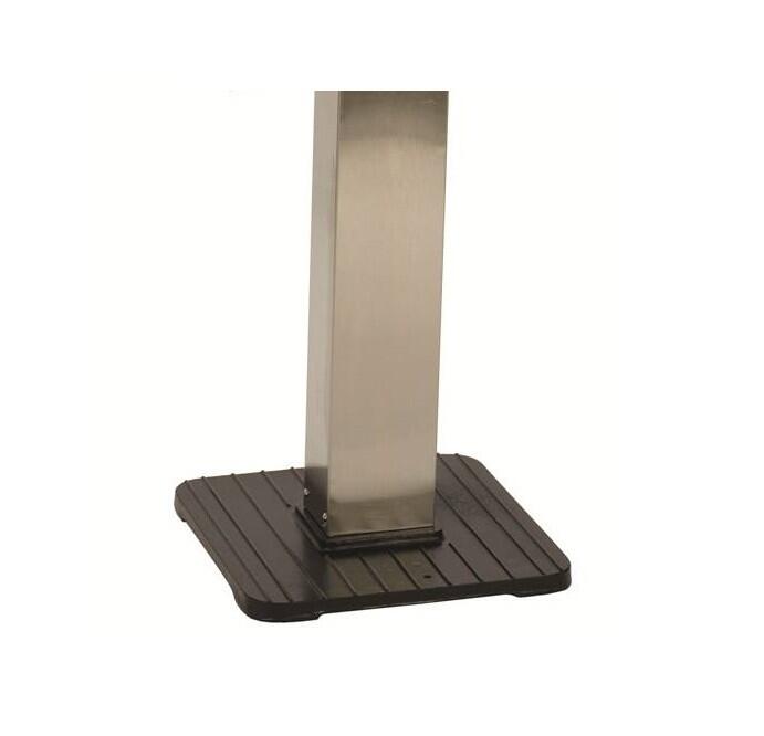 Stainless steel patio post with dark cast iron base and square support plate