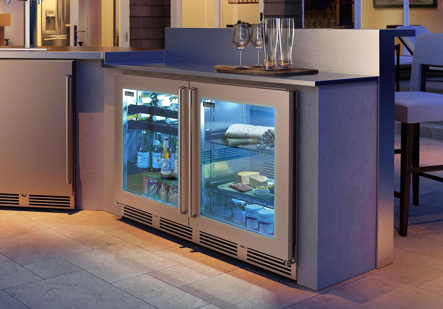 Stainless outdoor compact refrigerator with glass door and interior shelves