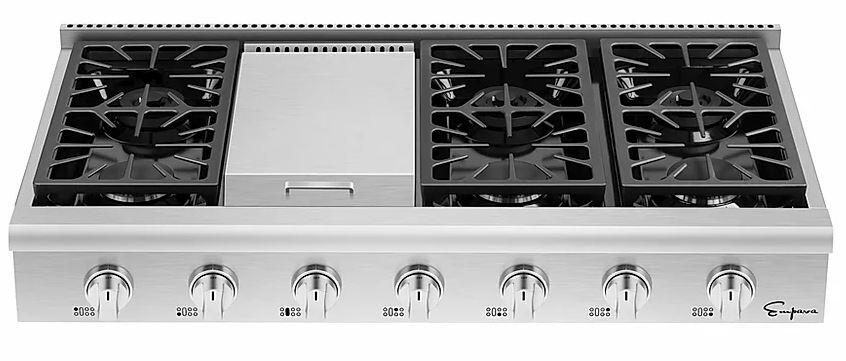 Stainless steel slide-in natural gas cooktop top view with four burner grates and central panel