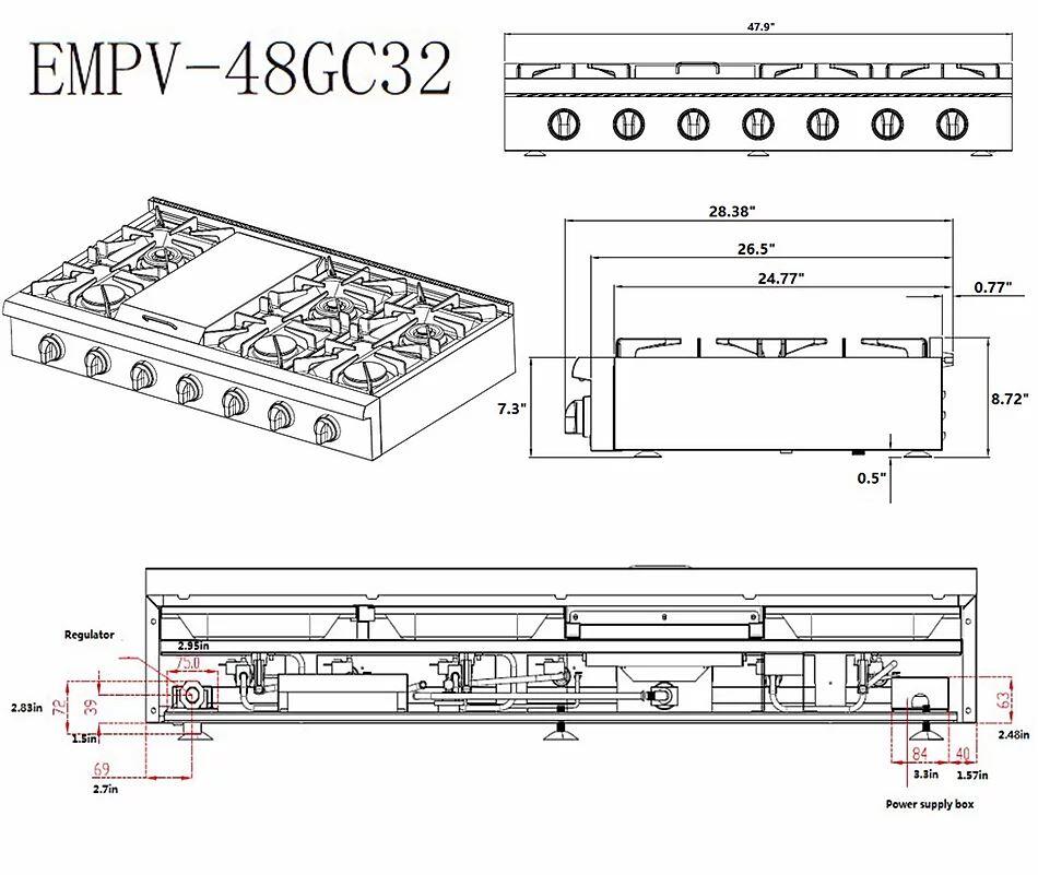 Technical line drawing of EMPV-48GC32 natural gas cooktop dimensions and layout