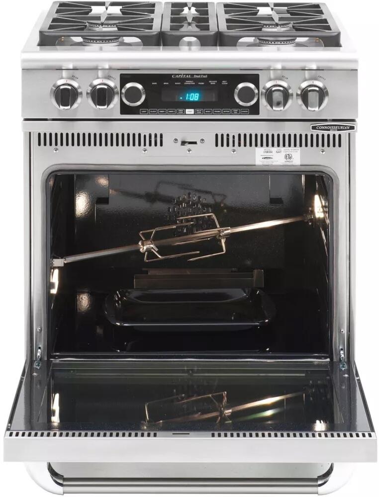 Freestanding stainless dual fuel range with open oven door and control knobs