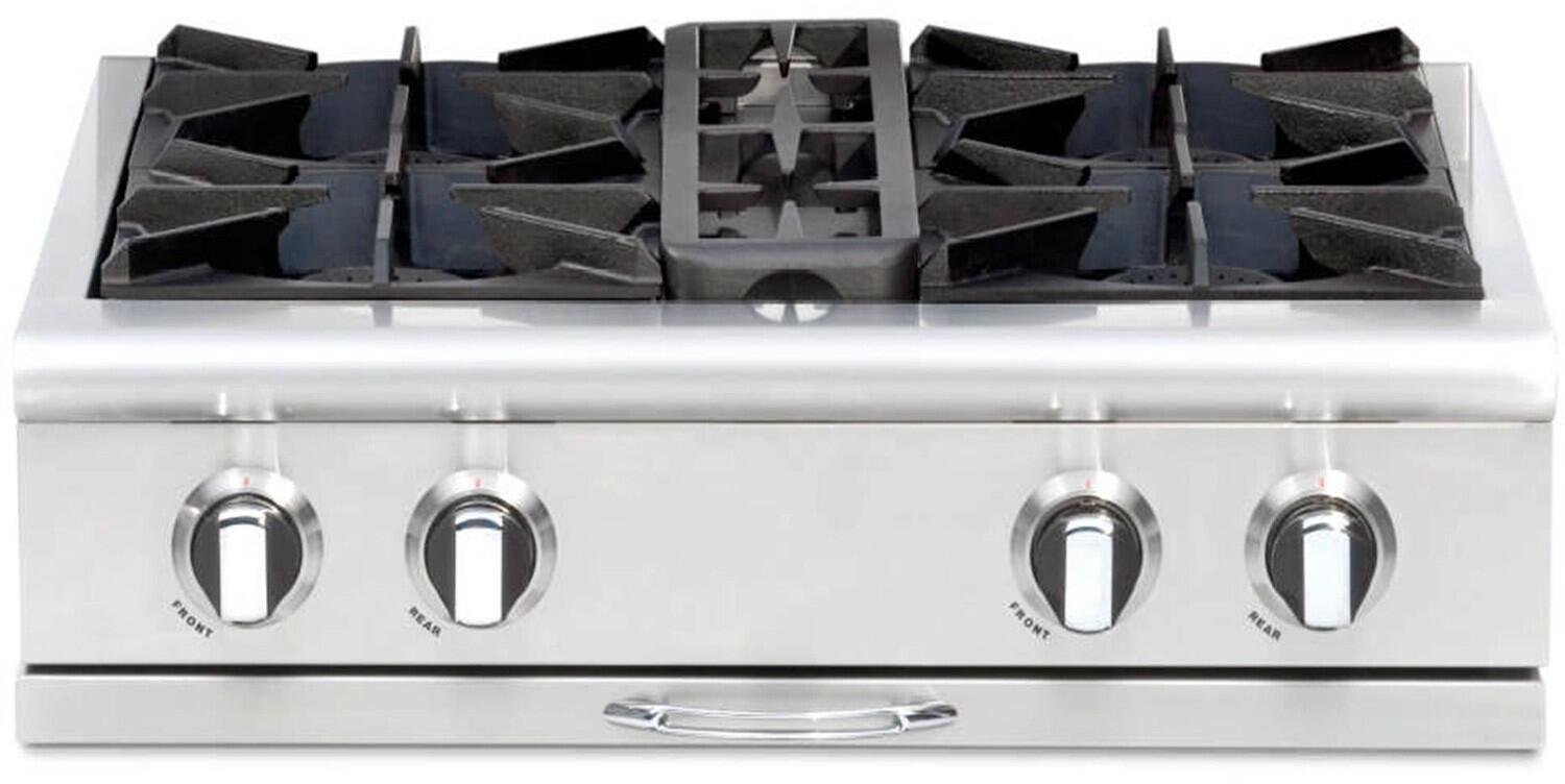 Stainless steel 4-burner gas rangetop with cast iron grates and four knobs