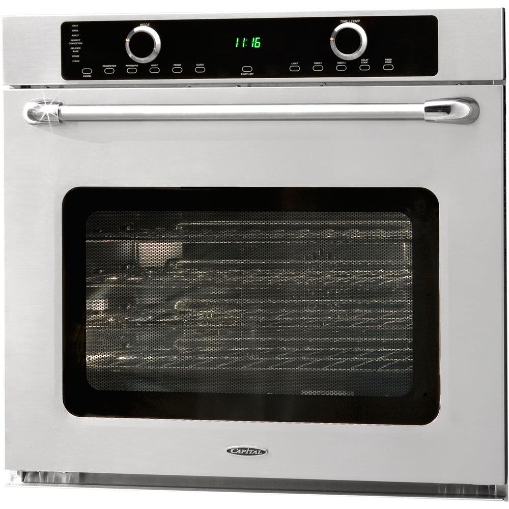 Stainless electric wall oven with digital display, knobs, and front handle