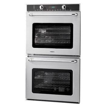 Stainless steel double wall oven with two dark-glass oven doors and top control panel