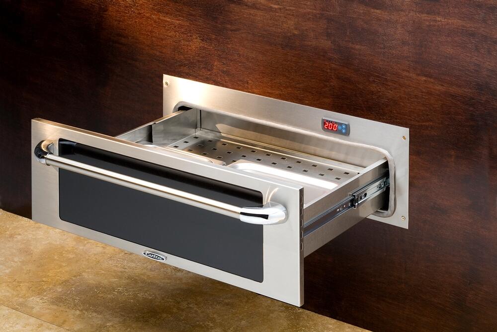Stainless steel warming drawer with open tray and side handle, built-in cabinet fit