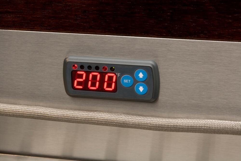 Warming drawer control panel with red digital display and blue SET and arrow buttons