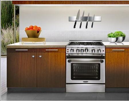 Stainless steel gas range with four burners and a self-cleaning oven