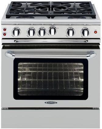 Stainless steel gas range front with control knobs and open oven door