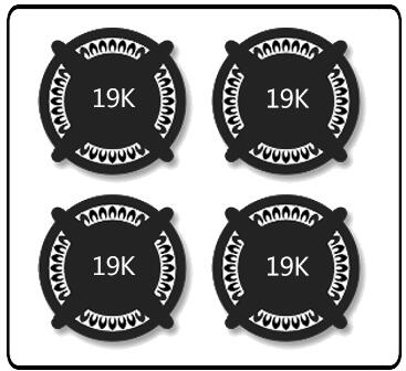 Gas range burner control knob set with four 19K markings